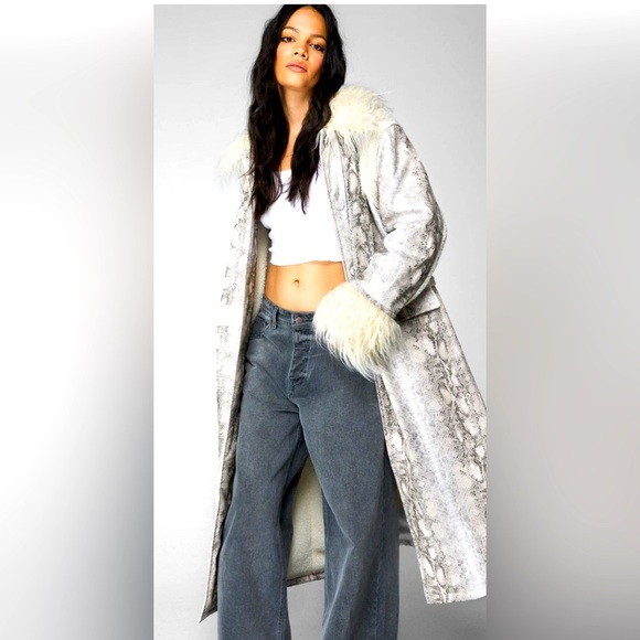 Nasty Gal Jackets & Blazers - Nasty Gal Womens Snake Print Shearling Trim Longline Aviator Coat